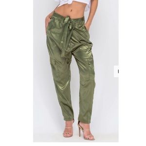 olive green satin cargo pants